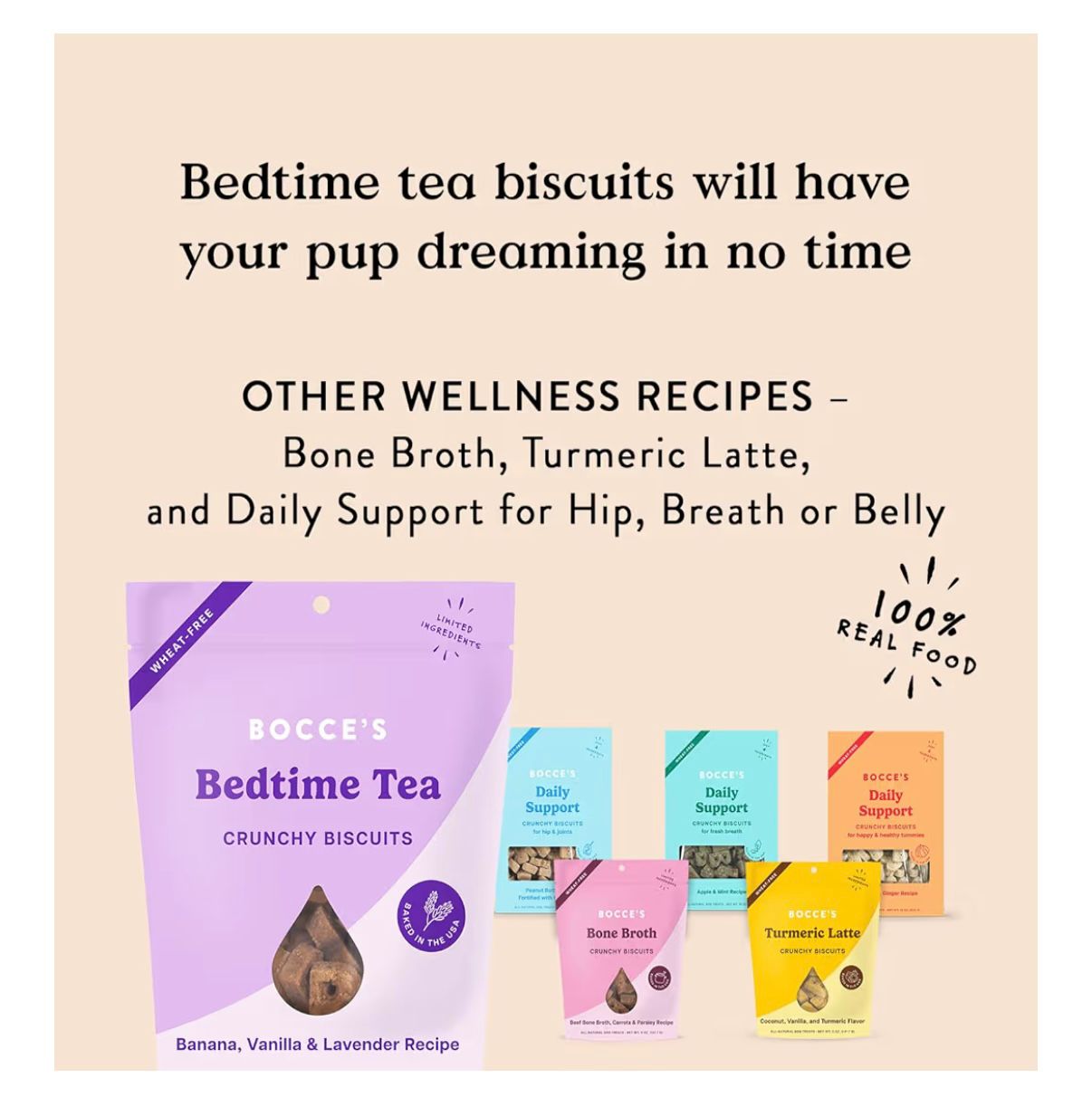 Bocce's Bakery Oven Baked Bedtime Tea Treats for Dogs, Wheat-Free Everyday Dog Treats, Made with Real Ingredients, Baked in The USA, All-Natural Biscuits, Banana, Vanilla, & Lavender, 5 oz