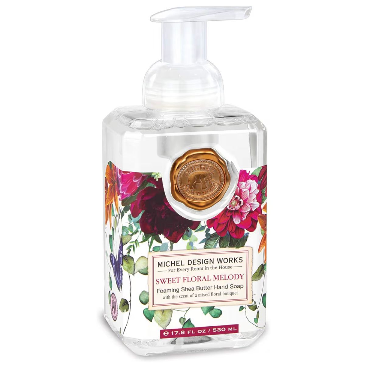Michel Design Works Foaming Hand Soap 17.8oz, Sweet Floral Melody Scent and Design, Shea Butter and Aloe Vera Blend, Beautiful Square Container with Pump